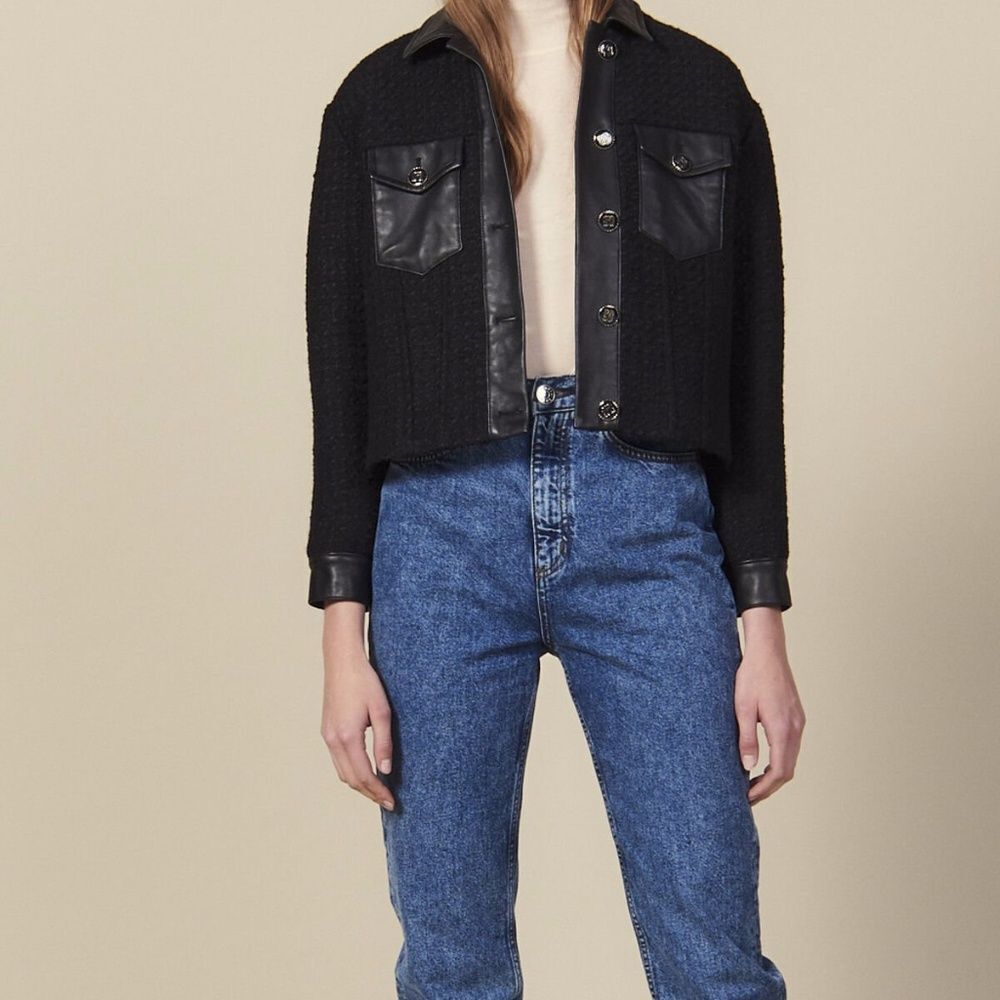 Sandro Black Cropped Leather Trim Button Front Tweed Boucle Jacket Size 10